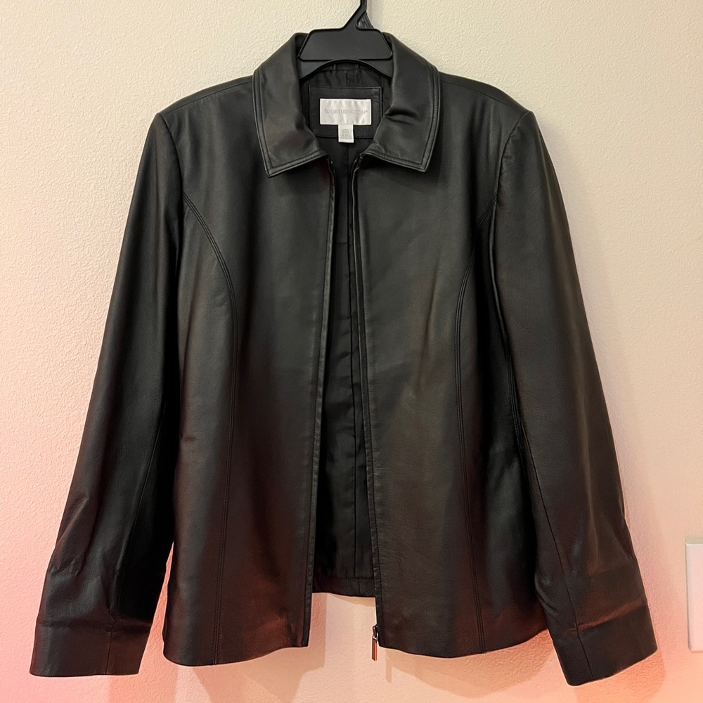 Worthington Black Leather Jacket Women’s Large | Genuine Leather Zip Front